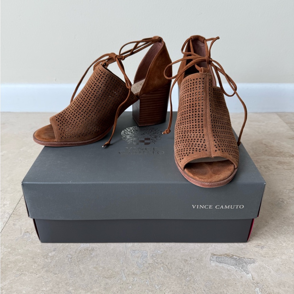 Vince Camuto Tan Lace-Up Peep-Toe Heels